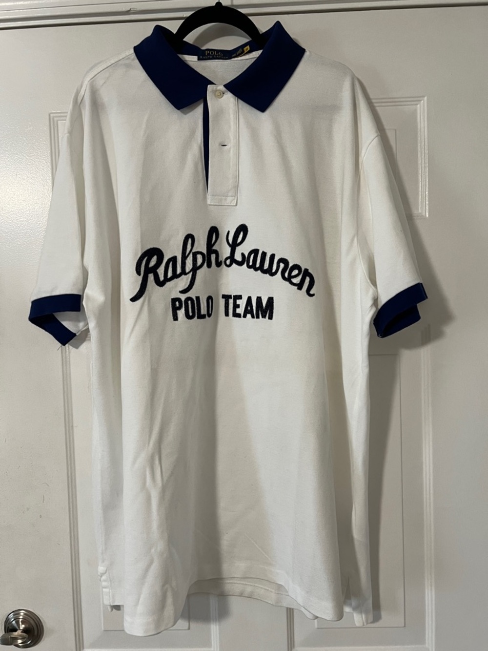 Ralph Lauren White Polo with Navy Trim & Embroidered Polo Team Script
